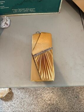 Satin Gold Evening Clutch with Rhinestone Trim